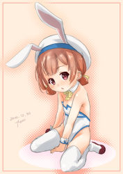 Rule 34 | 1girl, adapted costume, animal ears, ascot, brown eyes, brown hair, child, commentary request, detached collar, fake animal ears, full body, fyuo, hair rings, hat, highres, kaiboukan no. 4 (kancolle), kantai collection, leotard, long hair, looking at viewer, low twintails, playboy bunny, rabbit ears, sailor hat, shoes, sitting, solo, strapless, strapless leotard, thighhighs, twintails, uwabaki, wariza, white hat, white leotard, white thighhighs, wrist cuffs, yellow ascot