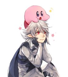 Rule 34 | 1boy, anocurry, armor, blush, cape, corrin (fire emblem), corrin (male) (fire emblem), corrin (male) (fire emblem), fire emblem, fire emblem fates, gloves, hairband, kirby, kirby (series), male focus, nintendo, pointy ears, red eyes, short hair, smile, super smash bros., white background, white hair