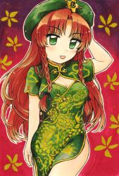 Rule 34 | 1girl, beret, blush, braid, china dress, chinese clothes, cleavage cutout, clothing cutout, dress, green eyes, green hat, hand on headwear, hat, hat ornament, highres, hong meiling, long hair, maa (forsythia1729), mandarin collar, open mouth, pelvic curtain, red hair, short sleeves, side braid, side slit, star (symbol), star hat ornament, touhou, traditional media, twin braids, very long hair