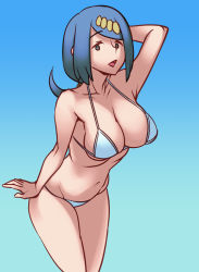 Rule 34 | 1girl, blue hair, breasts, cleavage, creatures (company), ero kaeru, game freak, lana&#039;s mother (pokemon), large breasts, long hair, looking at viewer, mature female, nintendo, open mouth, pokemon, pokemon (anime), pokemon sm (anime), simple background, smile, solo, swimsuit