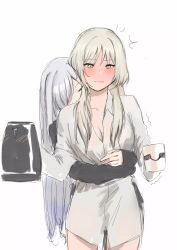 Rule 34 | 2girls, ak-12 (girls&#039; frontline), alternate costume, an-94 (girls&#039; frontline), aqua eyes, blonde hair, blush, breasts, churk, cleavage, closed eyes, closed mouth, coffee mug, cup, feet out of frame, girls&#039; frontline, grey hair, hair over one eye, highres, holding, holding cup, holding kettle, hug, hug from behind, long hair, long sleeves, looking at viewer, medium breasts, mug, multiple girls, naked shirt, no pants, shirt, split mouth, standing, white background, white shirt, yuri