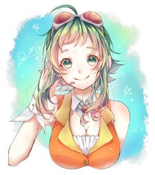 Rule 34 | 1girl, ahoge, amulet, bare shoulders, birthday, character name, commentary, cropped torso, detached collar, goggles, goggles on head, green eyes, green hair, gumi, hand on headphones, headphones, highres, looking at viewer, mai mugi, microphone, orange shirt, red-tinted eyewear, shirt, short hair with long locks, sidelocks, smile, solo, star (symbol), tinted eyewear, upper body, vocaloid, wrist cuffs