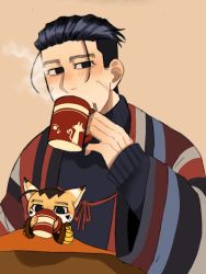 Rule 34 | 1boy, alternate costume, animal print, animalization, black eyes, black hair, blush, casual, cat print, chibi, cup, facial hair, facial scar, goatee, golden kamuy, hair slicked back, hair strand, holding, holding cup, looking at viewer, male focus, ogata hyakunosuke, paw print, ri (ri kaos21), scar, scar on cheek, scar on face, short hair, sitting, sitting on lap, sitting on person, steam, stitches, stubble, undercut, upper body, winter clothes