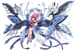 Rule 34 | absurdres, alternate form, armored gloves, artery gear, artery gear: fusion, blue dress, claws, dress, floating, floating object, floating weapon, halo, highres, long hair, mecha musume, mechanical halo, mechanical wings, open mouth, purple hair, rigging, thighlet, wing hair ornament, wings, xingyao liu (artery gear), yellow eyes, zhu fun