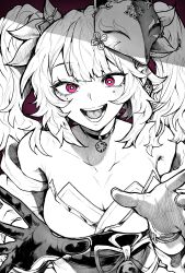 Rule 34 | 1girl, :d, absurdres, asymmetrical gloves, bare shoulders, bell, blush, breasts, choker, cleavage, gloves, greyscale, highres, honkai: star rail, honkai (series), jingle bell, looking at viewer, mask, mask on head, medium breasts, mismatched gloves, mole, mole under each eye, mole under eye, monochrome, multiple moles, neck bell, obi, open mouth, pink eyes, sash, smile, solo, sparkle (honkai: star rail), upper body, yotsumi shiro