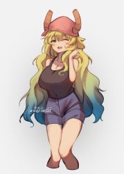 Rule 34 | 1girl, absurdres, artist name, bare arms, bare shoulders, baseball cap, black tank top, blonde hair, blue hair, blue shorts, blush, breasts, cleavage, cropped legs, dated, dragon girl, dragon horns, gradient hair, green eyes, green hair, hair between eyes, hair over shoulder, tucking hair, half-closed eye, hand up, hat, highres, horns, huge breasts, kobayashi-san chi no maidragon, large breasts, legs together, looking at viewer, lucoa (maidragon), mel mei, multicolored hair, numbered, one eye closed, shorts, simple background, solo, standing, tank top, twitter username, white background