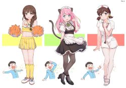 Rule 34 | 10s, 3boys, 3girls, :d, = =, alternate costume, animal ears, apron, arm behind back, arm up, artist name, bad id, bad twitter id, black dress, black footwear, black hair, black socks, blue eyes, blue shirt, blush, blush stickers, braid, breasts, brown eyes, brown hair, cat ears, cat tail, center frills, cheerleader, chestnut mouth, clenched hand, clothes writing, collarbone, collared shirt, crop top, dress, enmaided, eyebrows, frilled apron, frills, full body, hair bobbles, hair ornament, hair ribbon, hand on own chest, hashimoto nyaa, hat, heart, heart in mouth, high heels, holding, jyushimatsu&#039;s girlfriend, kneehighs, long hair, long sleeves, looking at viewer, low twintails, maid, matsuno choromatsu, matsuno jyushimatsu, matsuno osomatsu, medium breasts, mery (yangmalgage), multiple boys, multiple girls, navel, nurse, nurse cap, open mouth, osomatsu-kun, osomatsu-san, outstretched arms, pantyhose, paw pose, pink hair, pleated skirt, pom pom (cheerleading), puffy short sleeves, puffy sleeves, ribbon, sandals, shirt, shoes, short sleeves, skirt, sleeveless, sleeveless shirt, smile, sneakers, socks, swept bangs, tail, twintails, white background, white dress, white footwear, white shirt, wing collar, yellow legwear, yellow ribbon, yellow skirt, yowai totoko