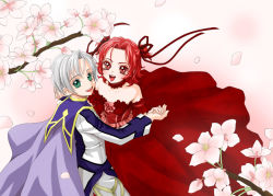 Rule 34 | 1boy, 1girl, :d, alfa system, alternate costume, alternate hairstyle, bare shoulders, bow, cape, cherry blossoms, choker, couple, dancing, dress, green eyes, hair ribbon, holding hands, happy, hetero, iria animi, open mouth, red eyes, red hair, ribbon, ruca milda, rukanyo, short hair, short twintails, smile, tales of (series), tales of innocence, twintails, white hair