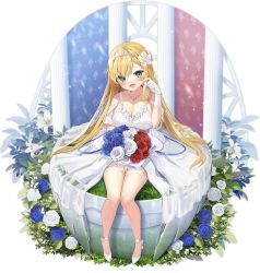 Rule 34 | 1girl, azur lane, bare shoulders, blonde hair, bouquet, breasts, cleavage, dress, flower, forbin (azur lane), forbin (fleur de mariee) (azur lane), gloves, green eyes, hair flower, hair ornament, high heels, highres, holding, holding bouquet, jewelry, large breasts, long hair, looking at viewer, necklace, official alternate costume, official art, open mouth, sitting, tiara, transparent background, wedding dress, white dress, white footwear, white gloves, yano mitsuki (nanairo)