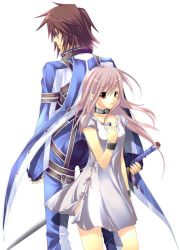 Rule 34 | 00s, anna irving, brown hair, collar, couple, kratos aurion, long hair, pink hair, short hair, simple background, sword, tales of (series), tales of symphonia, weapon