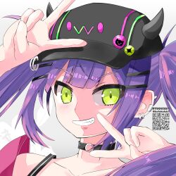 Rule 34 | 1girl, absurdres, arm up, baseball cap, black choker, black hat, choker, collarbone, commentary request, double v, fake horns, floating hair, green eyes, grey background, grin, hair ornament, hairclip, hand up, hat, highres, hololive, horned headwear, horns, long hair, looking at viewer, purple hair, qr code, simple background, smile, solo, tokoyami towa, twintails, twitter username, v, v-shaped eyebrows, v over mouth, virtual youtuber, yamaguchi shinnosuke