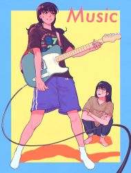Rule 34 | 2girls, black hair, blue border, blue shorts, border, brown shirt, chainsaw man, crossed arms, drgryu750, electric guitar, guitar, highres, holding, holding instrument, holding plectrum, instrument, long hair, looking at another, looking to the side, mitaka asa, multiple girls, plectrum, scar, scar on face, shirt, shorts, socks, squatting, twintails, yellow background, yellow eyes, yoru (chainsaw man)
