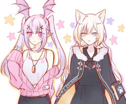 Rule 34 | 2girls, animal ears, arknights, bare shoulders, bat wings, blonde hair, blush, cardigan, cat ears, chinese commentary, coat, commentary request, dog tags, fur-trimmed coat, fur trim, head wings, heterochromia, long hair, long sleeves, manticore (arknights), multiple girls, nightmare (arknights), off shoulder, open clothes, open coat, open mouth, pointy ears, purple eyes, purple hair, some doctor (mou boshi), tank top, twintails, wings