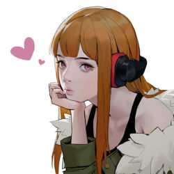 Rule 34 | 1girl, atlus, bad id, bad twitter id, bare shoulders, blunt bangs, closed mouth, collarbone, commentary, dongho kang, fur-trimmed jacket, fur trim, green jacket, hand on own chin, head rest, headphones, heart, jacket, long hair, long sleeves, looking at viewer, lowres, off shoulder, orange hair, pale skin, persona, persona 5, pink eyes, sakura futaba, sega, simple background, solo, tank top, upper body, white background