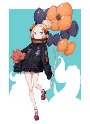 Rule 34 | 1girl, :o, abigail williams (fate), abigail williams (traveling outfit) (fate), balloon, belt, black bow, black jacket, blue background, blue eyes, blush, bow, commentary request, fate/grand order, fate (series), hair bow, hair bun, high heels, highres, holding, holding balloon, hoshi rousoku, jacket, light brown hair, long hair, long sleeves, multicolored hair, hugging object, official alternate costume, orange belt, orange bow, parted bangs, parted lips, polka dot, polka dot bow, red bow, red footwear, shoes, single hair bun, sleeves past fingers, sleeves past wrists, solo, standing, standing on one leg, stuffed animal, stuffed toy, teddy bear, tentacles, two-tone hair, white background