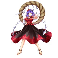 Rule 34 | 1girl, black skirt, brown footwear, full body, game cg, hair ornament, highres, layered sleeves, leaf hair ornament, long sleeves, looking at viewer, mirror, mountain of faith, purple hair, red eyes, red shirt, red skirt, rope, rotte (1109), shide, shimenawa, shirt, short hair, short over long sleeves, short sleeves, simple background, skirt, solo, third-party source, touhou, touhou lostword, two-tone skirt, white background, yasaka kanako
