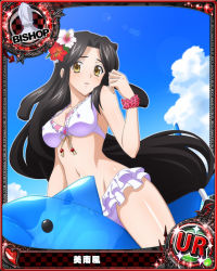 Rule 34 | 10s, 1girl, artist request, bishop (chess), black hair, breasts, brown eyes, card (medium), character name, chess piece, covered erect nipples, flower, flower bracelet, hair flower, hair ornament, high school dxd, inflatable dolphin, inflatable toy, long hair, midriff, mihae (high school dxd), official art, solo, swimsuit, trading card, very long hair