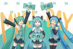 Rule 34 | 39, 3girls, :d, ?, armpits, arms up, blue eyes, closed eyes, collared shirt, detached sleeves, digiral, green hair, hair ornament, hand up, hatsune miku, headphones, highres, holding, holding sign, long hair, long sleeves, miku day, multiple girls, multiple persona, necktie, open mouth, pleated skirt, shirt, sign, skirt, sleeveless, sleeveless shirt, smile, thighhighs, twintails, very long hair, vocaloid
