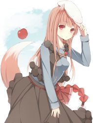 Rule 34 | 1girl, animal ears, apple, bad id, bad pixiv id, beret, brown hair, dress, food, fruit, hat, holo, long hair, meet neet, red eyes, solo, spice and wolf, tail, wolf ears, wolf tail
