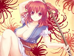 Rule 34 | 1girl, bad id, bad pixiv id, breasts, cleavage, colored eyelashes, female focus, floral background, flower, hair bobbles, hair ornament, highres, kai aki, large breasts, no bra, onozuka komachi, red eyes, red hair, scythe, smile, solo, spider lily, touhou, twintails, two side up