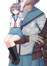 Rule 34 | 1girl, arm up, armpits, black socks, blue sailor collar, blue skirt, blush, brown cardigan, brown eyes, cardigan, closed mouth, commentary, expressionless, full body, head out of frame, highres, kita high school uniform, kneehighs, long sleeves, multiple views, nagato yuki, nuppunuppu, open cardigan, open clothes, purple hair, red ribbon, ribbon, sailor collar, school uniform, serafuku, short hair, short sleeves, simple background, sitting, skirt, smell, socks, suzumiya haruhi no yuuutsu, sweat, sweat stain, undressing, upper body, white background