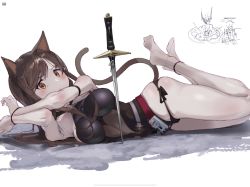 Rule 34 | 1girl, animal ears, arknights, bikini, bikini bottom only, black bikini, black one-piece swimsuit, bound, bound ankles, bound wrists, breasts, brown hair, cat ears, cat girl, cat tail, feet, highres, large breasts, long hair, ltotyht, lying, navel, o-ring, o-ring swimsuit, official alternate costume, on side, one-piece swimsuit, orange eyes, planted, planted sword, planted weapon, side-tie bikini bottom, skindentation, skyfire (arknights), skyfire (temperature difference) (arknights), solo, swimsuit, sword, tail, weapon, white background