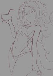Rule 34 | 1girl, absurdres, android 21, arm at side, bare shoulders, bikini, breasts, closed mouth, coconut cup, collarbone, cowboy shot, cup, dragon ball, dragon ball fighterz, drink, drinking straw, female focus, fir3born, grey background, grey theme, half-closed eyes, hand up, happy, highleg, highleg bikini, highres, holding, holding cup, holding drink, long hair, looking at viewer, majin android 21, medium breasts, monochrome, multi-strapped bikini, navel, sidelocks, simple background, sketch, smile, solo, standing, stomach, swimsuit, tail, thick thighs, thighs, underboob