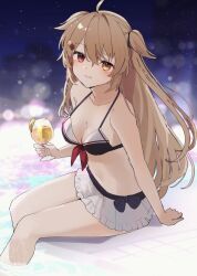 1girl bikini black_bikini breasts brown_eyes brown_hair cleavage cup hair_flaps hair_ornament hair_ribbon hairclip heterochromia kantai_collection light_brown_hair long_hair medium_breasts murasame_(kancolle) murasame_(swimsuit)_(kancolle) murasame_kai_ni_(kancolle) navel night outdoors pool red_eyes ribbon sailor_bikini sailor_collar smile swimsuit tropical_drink two_side_up yamashichi_(mtseven)