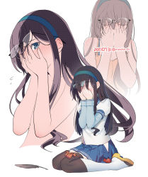 Rule 34 | 1girl, banned artist, black hair, blue eyes, blue hairband, blue sailor collar, blue skirt, blush, commission, completely nude, covering face, covering own eyes, dated, flying sweatdrops, glasses, hairband, hip vent, kantai collection, long hair, long sleeves, multiple views, nacht (nacht 01), nude, ooyodo (kancolle), peeking, pleated skirt, projected inset, sailor collar, school uniform, serafuku, sitting, skeb commission, skirt, tank top, thighhighs, twitter username