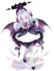 Rule 34 | 1girl, alternate costume, ascot, asymmetrical legwear, beko (beco 1122), black footwear, black gloves, blue archive, blush, bonnet, capelet, center frills, commentary request, demon wings, dress, elbow gloves, fang, forehead, frilled dress, frills, gloves, gothic lolita, grey hair, hair bun, hair ornament, hairclip, halo, highres, hina (blue archive), lolita fashion, long hair, mismatched legwear, narrowed eyes, parted bangs, pink ascot, purple eyes, purple thighhighs, simple background, single side bun, skin fang, slit pupils, solo, striped clothes, striped thighhighs, thighhighs, twitter username, vertical-striped clothes, vertical-striped thighhighs, very long hair, white background, white thighhighs, wings, x hair ornament