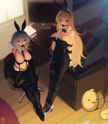 Rule 34 | 2girls, absurdres, animal ears, arms behind back, azur lane, ball gag, bdsm, between breasts, black bow, black bowtie, black footwear, black leotard, black necktie, black pantyhose, blonde hair, blue eyes, bondage, bound, bound ankles, bound arms, bound legs, bound thighs, bound torso, bow, bowtie, breasts, cad (caddo), cleavage, commentary, desk, detached collar, english commentary, fake animal ears, full body, gag, gagged, grey hair, high heels, highres, indoors, large breasts, leotard, long hair, looking at viewer, manjuu (azur lane), monitor, multiple girls, necktie, necktie between breasts, nontraditional playboy bunny, north carolina (azur lane), north carolina (the heart&#039;s desire) (azur lane), official alternate costume, pantyhose, playboy bunny, rabbit ears, restrained, second-party source, sex toy, shibari, shibari over clothes, shoes, sitting, standing, strapless, strapless leotard, vibrator, vibrator cord, vibrator under clothes, washington (azur lane), white footwear, window, wooden floor, wrist cuffs