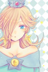 Rule 34 | 1girl, agisato, bare shoulders, blonde hair, blue background, blue dress, blue eyes, blue outline, body blush, brooch, checkered background, collarbone, crown, dress, earrings, eyelashes, hair over one eye, jewelry, lips, long dress, long hair, looking at viewer, mario (series), nintendo, off-shoulder dress, off shoulder, outline, parted lips, rosalina, solo, star (symbol), star earrings, starry background, super mario galaxy, upper body, white background, white outline
