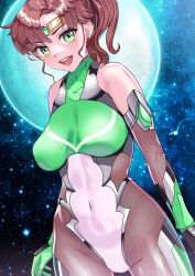Rule 34 | 1girl, absurdres, arion canvas, bow, brown hair, circlet, gloves, hair bobbles, hair ornament, highres, impossible clothes, impossible leotard, leotard, lips, long hair, moon, ponytail, skin tight, smile, solo, taimanin (series), taimanin suit