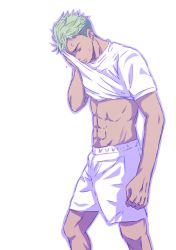 Rule 34 | 1boy, abs, clothes lift, dark skin, earrings, green hair, jewelry, king of prism, king of prism by prettyrhythm, male focus, muscular, piercing, pretty rhythm, pretty rhythm rainbow live, pretty series, purple eyes, shirt, shirt lift, short hair, shorts, simple background, solo, sweat, t-shirt, white background, white shirt, white shorts, yamato alexander