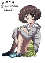Rule 34 | 10s, 1girl, absurdres, akiyama yukari, bespectacled, black-framed eyewear, blue footwear, casual, closed mouth, collared shirt, commentary, dated, from side, full body, girls und panzer, glasses, grey sweater, head tilt, highres, hood, hoodie, hugging own legs, light frown, looking at viewer, miniskirt, no legwear, one-hour drawing challenge, pleated skirt, semi-rimless eyewear, shiina excel, shirt, shoes, short hair, simple background, sitting, sketch, skirt, sneakers, solo, sweater, twitter username, under-rim eyewear, watermark, white background, white shirt, yellow skirt