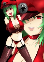 Rule 34 | 1girl, bad id, bad pixiv id, bat wings, breast hold, breasts, choker, cleavage, cross, crossed arms, dominatrix, elbow gloves, fangs, female focus, fishnet thighhighs, fishnets, garter belt, garter straps, gloves, green hair, hat, hat over one eye, highres, kazami yuuka, lace, lace-trimmed legwear, lace-trimmed panties, lace trim, large breasts, legs, lips, mattari yufi, navel, one eye covered, panties, peaked cap, red eyes, red panties, short hair, slit pupils, solo, thighhighs, thighs, tongue, tongue out, touhou, underwear, wings, zoom layer