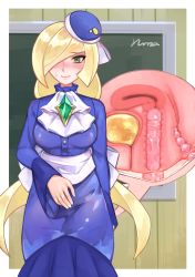 Rule 34 | 1girl, absurdres, anal beads, bad id, bad pixiv id, bladder, blonde hair, blue dress, blue hat, blush, breasts, commentary request, creatures (company), cross-section, dress, game freak, gem, green eyes, hair over one eye, hat, have to pee, highres, long hair, long sleeves, lusamine (pokemon), nintendo, norza, nose blush, pokemon, pokemon (anime), pokemon sm146, pokemon sm (anime), sex toy, smile, solo, sweatdrop, uterus, vaginal, vibrator