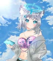 Rule 34 | 1girl, animal ears, blue archive, blue eyes, blue nails, blue sky, blush, breasts, floral print, hair ornament, headphones, jacket, looking at viewer, medium breasts, nail polish, phone, pink tank top, shiroko (blue archive), short hair, silver hair, sky, solo, sunlight, tank top, wolf ears
