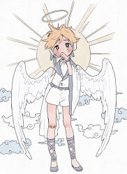 +_+ 1boy angel angel_wings asymmetrical_hair bandaid bandaid_on_knee bandaid_on_leg bare_shoulders black_eyes blonde_hair blush bow buttons clothing_cutout collarbone commentary_request covering_own_mouth feathered_wings frilled_shirt frills full_body grey_bow grey_ribbon grey_sailor_collar grey_shoes hair_bow halo highres kagamine_len kouhara_yuyu leg_ribbon long_sleeves male_focus messy_hair ribbon sad sailor_collar shirt shoes short_hair shorts shoulder_cutout simple_background solo sparkling_eyes standing sun sunlight tearing_up traditional_halo vocaloid white_background white_headphones white_shirt white_shorts white_wings wide_sleeves wings xiangyun yellow_halo