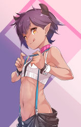 Rule 34 | 1girl, bare shoulders, black pants, breasts, closed mouth, collar, commentary request, cropped vest, earrings, fingernails, highres, horns, jewelry, konnyaku (kk-monmon), looking at viewer, loose pants, mole, mole under eye, navel, original, pants, pink collar, purple hair, sharp fingernails, short hair, small breasts, solo, standing, stomach, suspenders, suspenders pull, tongue, tongue out, vest, wrist cuffs, yellow eyes