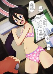 Rule 34 | 1girl, air conditioner, animal ears, animal print, armpits, black eyes, black hair, black thighhighs, bleach, blush, bra, breasts, changing clothes, cleavage, clenched hands, collarbone, day, door, embarrassed, english text, euf-dreamer, fake animal ears, female focus, hair between eyes, hands up, highres, humor, indoors, kuchiki rukia, leotard, looking at viewer, matching hair/eyes, matching underwear, midriff, navel, neck, open mouth, panties, parted bangs, pink bra, pink panties, playboy bunny, pov, pov hands, print bra, print panties, rabbit ears, rabbit print, shiny skin, short hair, sidelocks, small breasts, speech bubble, standing, talking, thighhighs, tsundere, underwear, underwear only, walk-in, wide-eyed, window