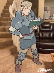 Rule 34 | 1boy, armor, blonde hair, book, dungeon meshi, flapjastic, full body, hand on own hip, highres, holding, holding book, laios touden, light blush, looking at viewer, male focus, meme request, photo background, puckered lips, short hair, solo, thick eyebrows