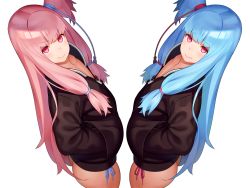 Rule 34 | 2girls, ass, blue hair, commentary request, go robots, hair ornament, highres, kotonoha akane, kotonoha aoi, long hair, long sleeves, looking at viewer, multiple girls, one side up, panties, pink eyes, pink hair, siblings, side-tie panties, simple background, sisters, smile, underwear, very long hair, vocaloid, voiceroid, white background