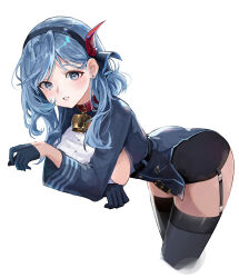 Rule 34 | 1girl, absurdres, ako (blue archive), bell, bent over, black gloves, black hairband, black skirt, black thighhighs, blue archive, blue eyes, blue hair, blue jacket, blush, breasts, collar, commentary, cowbell, cowboy shot, cropped legs, ear piercing, eyelashes, eyeshadow, framed breasts, garter straps, gloves, hairband, half gloves, highres, jacket, korean commentary, leaning forward, light blue hair, looking at viewer, makeup, medium breasts, medium hair, miniskirt, mixed-language commentary, neck bell, parted lips, pencil skirt, piercing, red collar, red eyeshadow, red ribbon, ribbon, shirt, sideboob, simple background, skirt, solo, sssong aa, standing, thighhighs, thighs, white background, white shirt, zettai ryouiki