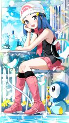 Rule 34 | 1girl, :d, beanie, black shirt, black socks, blue hair, boots, bubble, chair, commentary request, creatures (company), cup, dawn (pokemon), day, disposable cup, drinking straw, eyelashes, fence, flower, game freak, gen 4 pokemon, hair ornament, hairclip, hand up, hat, head rest, highres, kneehighs, long hair, medal, nintendo, open mouth, outdoors, pink footwear, pink scarf, pink skirt, piplup, pokemon, pokemon (anime), pokemon (creature), pokemon dppt (anime), scarf, shirt, shirubaa, sidelocks, sitting, skirt, sleeveless, sleeveless shirt, smile, socks, table, water, white headwear, yellow flower