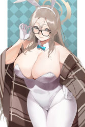 Rule 34 | 1girl, adjusting eyewear, akane (blue archive), akane (bunny) (blue archive), animal ears, bare shoulders, blue archive, blue bow, blue bowtie, bow, bowtie, breasts, brown eyes, brown scarf, cleavage, commentary request, detached collar, glasses, gloves, halo, hand on own hip, highres, huge breasts, large breasts, leotard, light brown hair, lin jingai, long hair, looking at viewer, pantyhose, plaid, plaid scarf, playboy bunny, plump, rabbit ears, scarf, smile, solo, white gloves, white pantyhose, wide hips