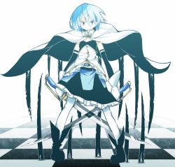 10s 1girl blue_eyes blue_hair boots female_focus full_body gloves gradient_background hair_ornament hairclip magical_girl mahou_shoujo_madoka_magica mahou_shoujo_madoka_magica_(anime) matching_hair/eyes miki_sayaka miki_sayaka_(magical_girl) shigurio short_hair solo sword weapon white_background