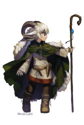 Rule 34 | 1other, ambiguous gender, animal ears, belt, boots, brown belt, brown pants, cape, child, closed mouth, curled horns, dagger, full body, goat ears, goat horns, green cape, holding, holding staff, holster, horns, knife, long sleeves, mullmull02, original, pants, profile, simple background, solo, staff, weapon, white background