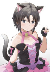 Rule 34 | 1girl, animal ears, antenna hair, arm scrunchie, bare shoulders, bell, black eyes, black gloves, black hair, blush, breasts, cat ears, cat tail, closed mouth, collarbone, dress, fake animal ears, fake tail, fingerless gloves, gloves, hands up, idolmaster, idolmaster (classic), idolmaster million live!, idolmaster million live! theater days, jingle bell, kikuchi makoto, layered dress, looking at viewer, mogskg, neck ribbon, paw pose, pink dress, pink ribbon, ribbon, short hair, simple background, small breasts, smile, solo, tail, upper body, white background