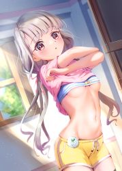 Rule 34 | 1girl, :o, blunt bangs, blush, bra, breasts, clothes lift, cowboy shot, day, dutch angle, hair ribbon, highres, hisakawa nagi, idolmaster, idolmaster cinderella girls, indoors, lifted by self, long hair, low twintails, navel, parted lips, pink ribbon, pink shirt, red eyes, ribbon, shirt, shirt lift, short shorts, short sleeves, shorts, silver hair, small breasts, solo, stomach, striped bra, striped clothes, sunlight, tudon (donut), twintails, underboob, underwear, undressing, yellow shorts
